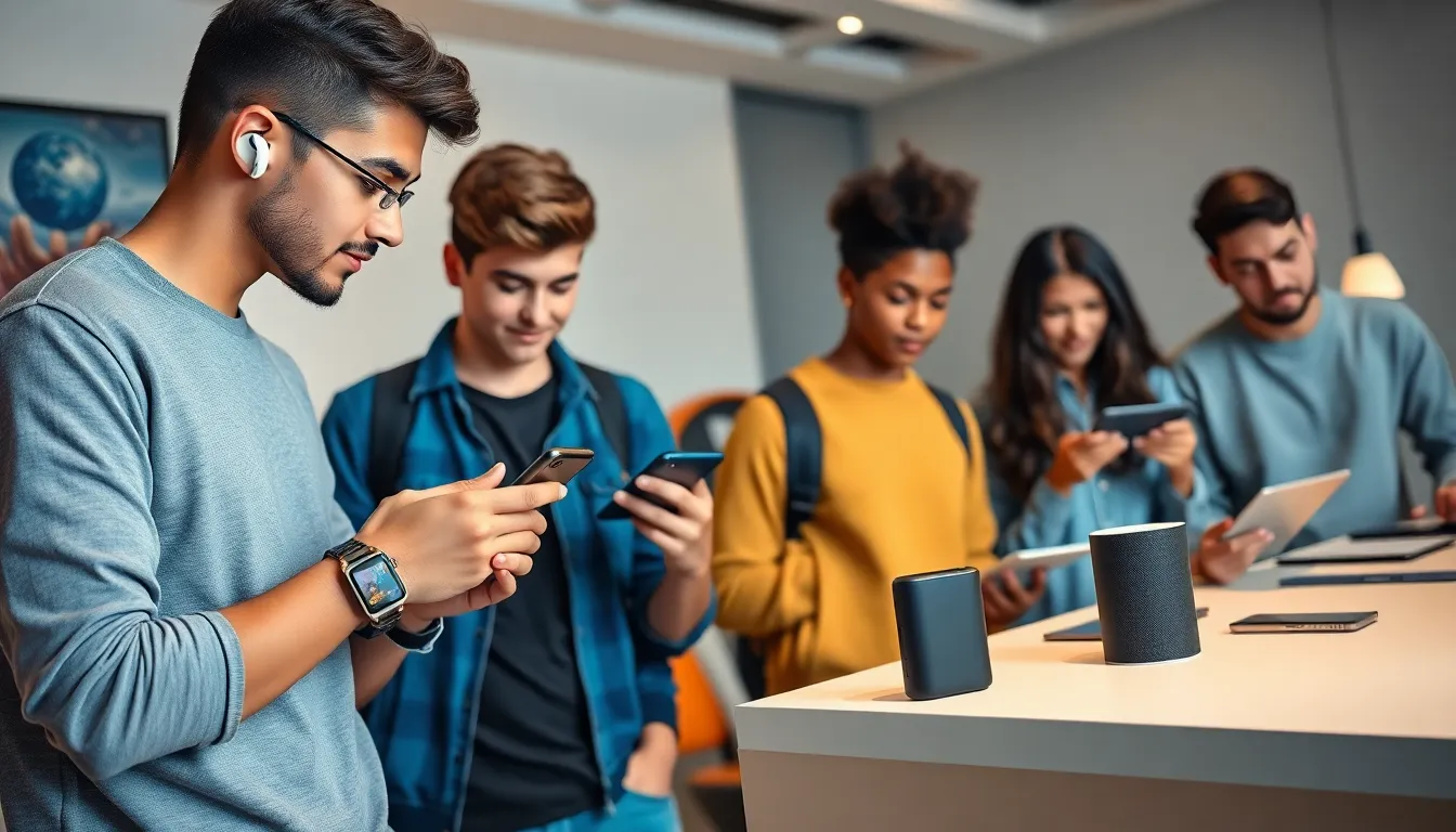 diverse teens using trendy gadgets in a modern space.
