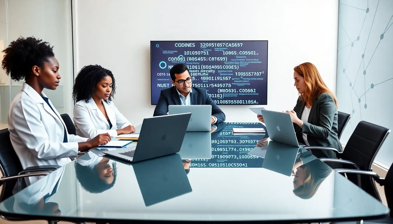 diverse team working on medical coding in a modern office.
