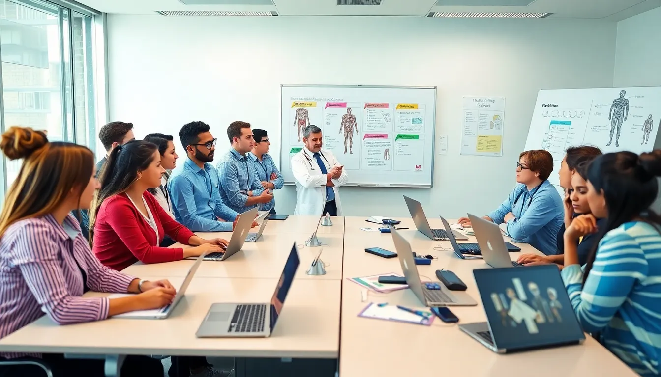 Diverse students learning medical billing and coding in a modern classroom.