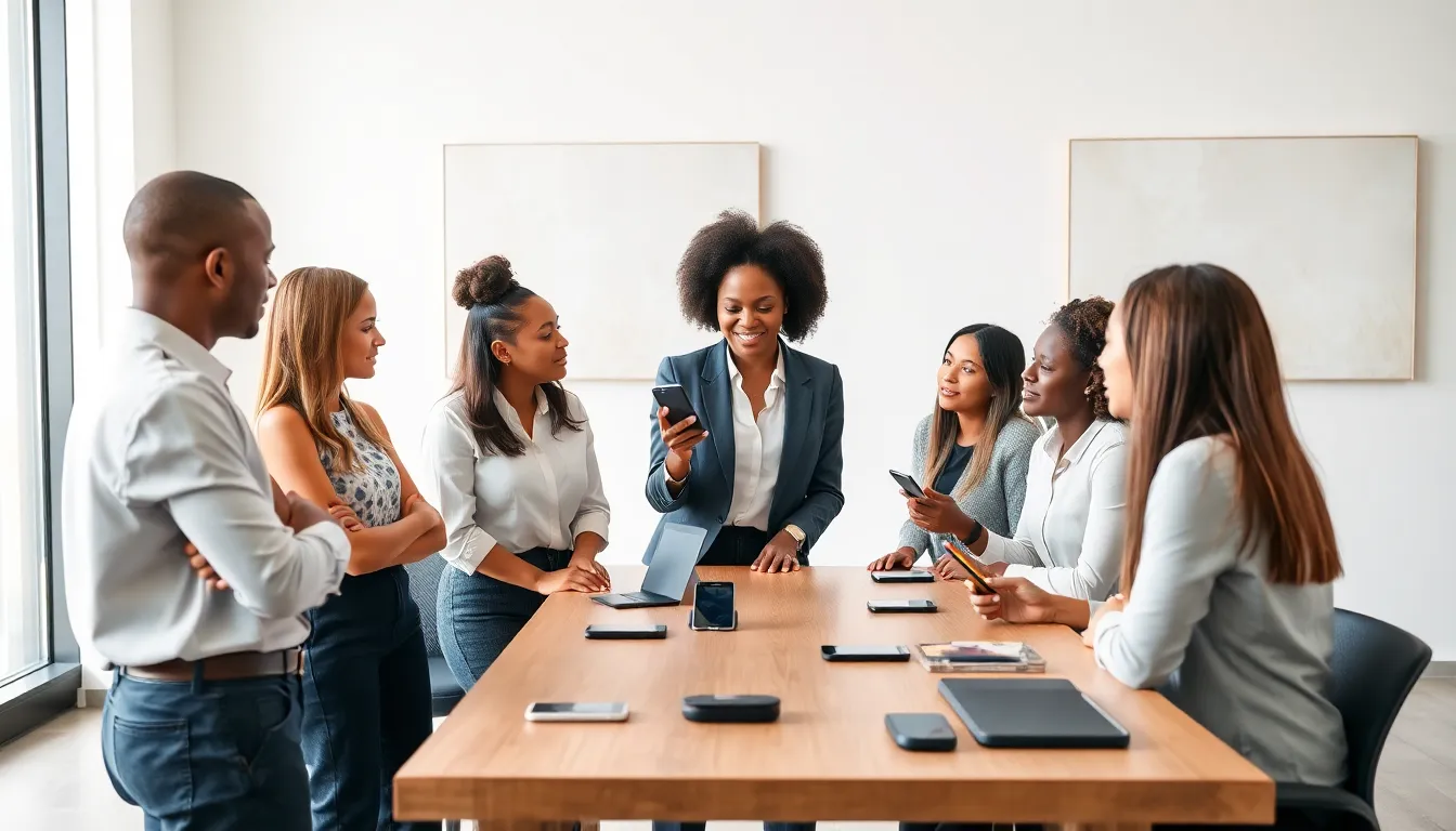 diverse team discussing refurbished Metro PCS phones in a modern office.