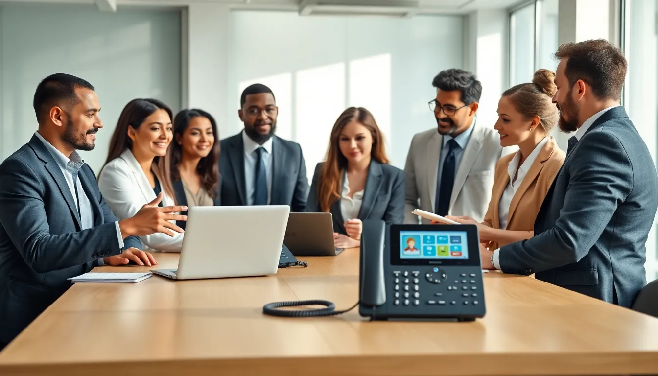 diverse professionals discussing with Cisco VoIP phones in a modern office.