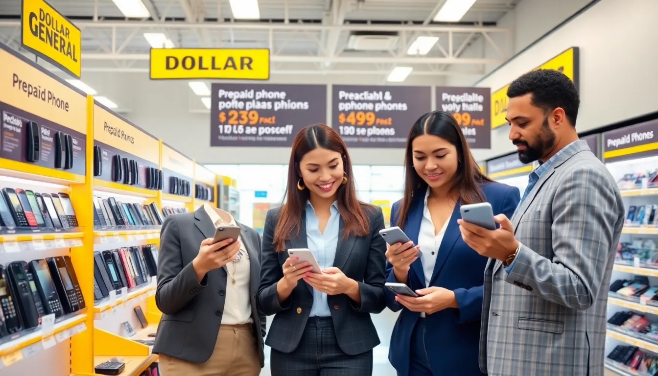 customers exploring prepaid phone options in a Dollar General store.