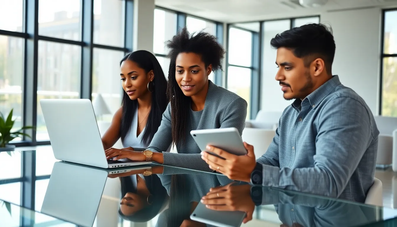 diverse professionals collaborating on coding projects in a modern office.