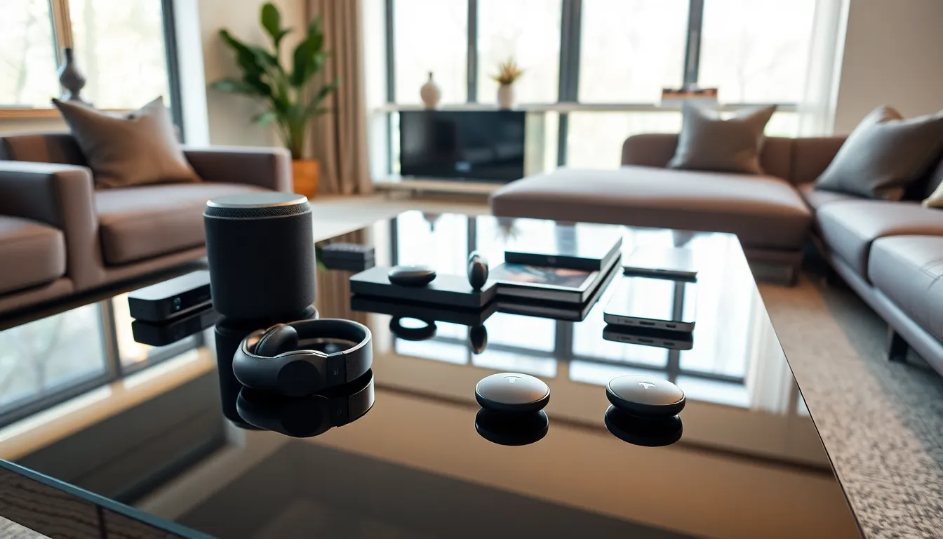 modern living room with luxury tech gadgets on display.