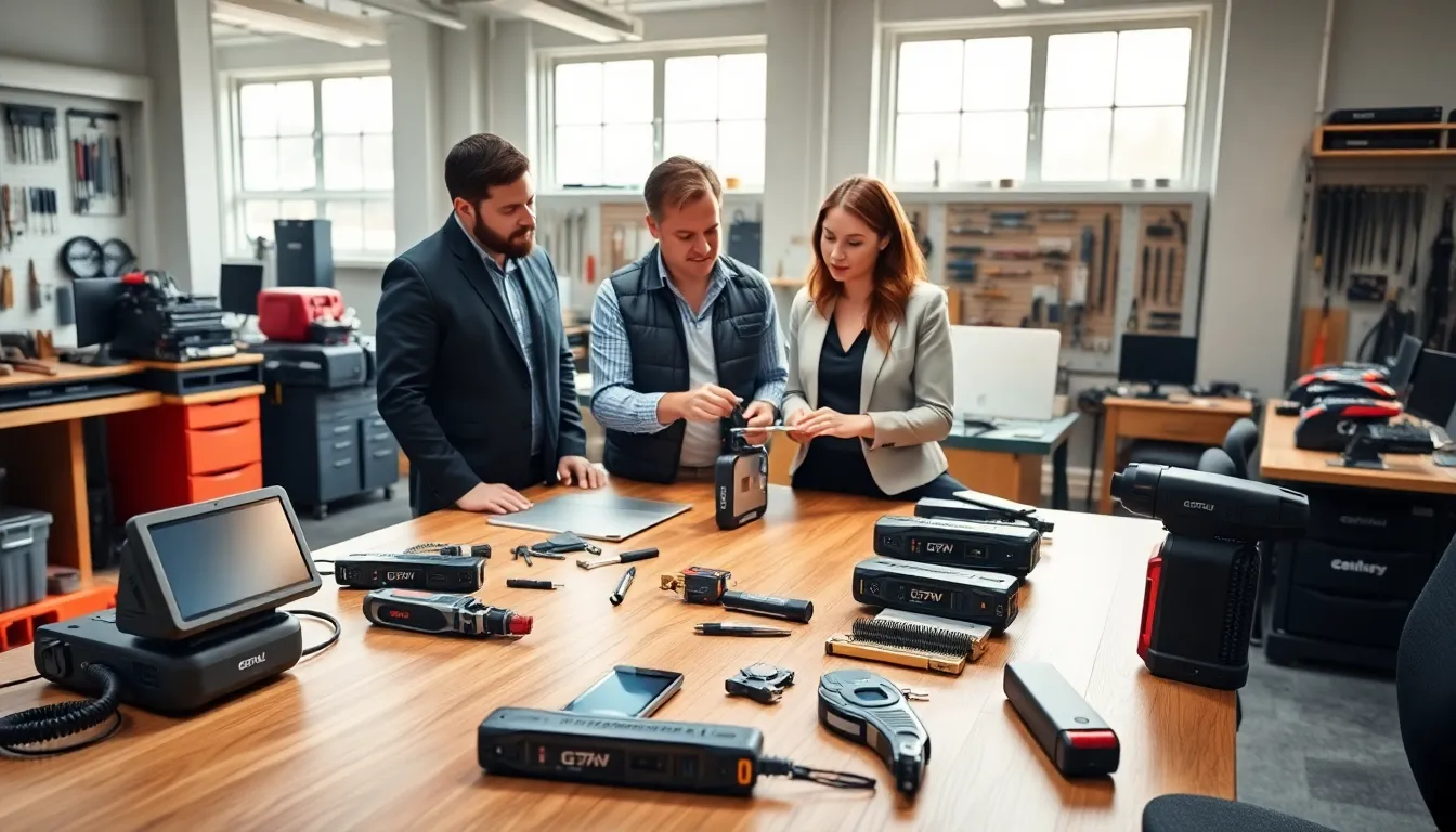 professionals discussing innovative G15Tool gadgets in a modern workshop.