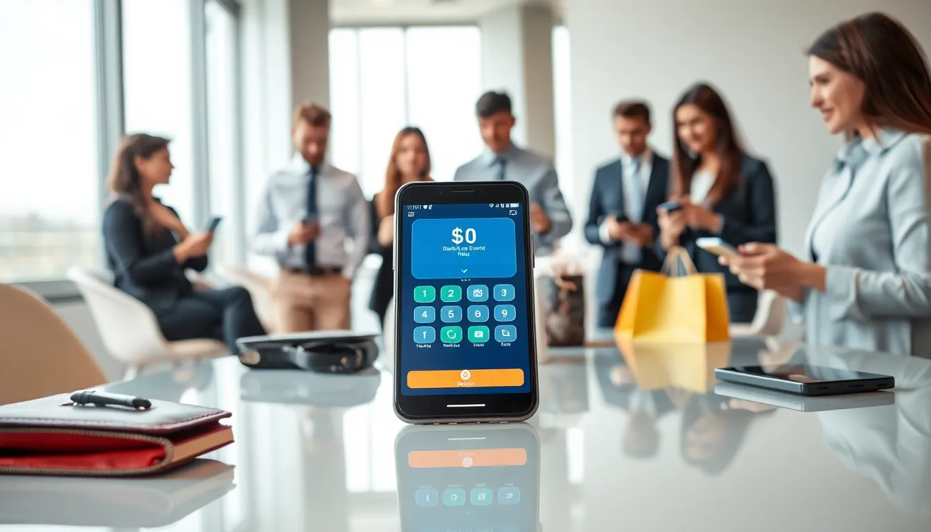 smartpay phone on a glass table with payment app interface.
