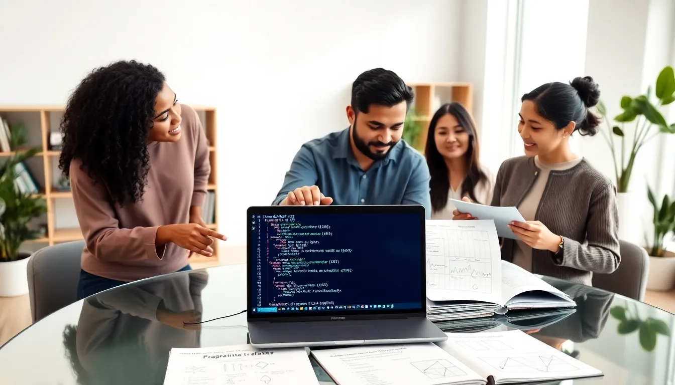 professionals discussing coding symbols at a modern office desk.