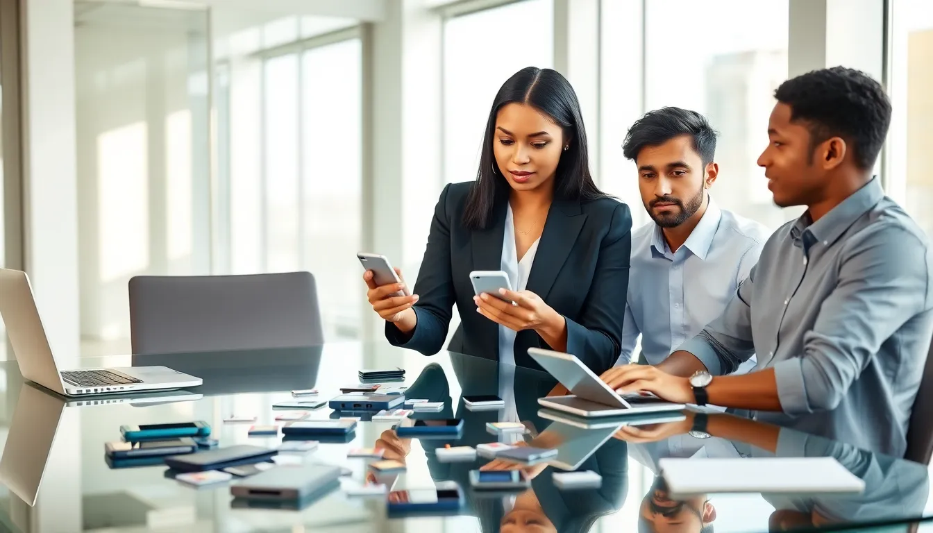 diverse team discussing smartphone network registration issues.