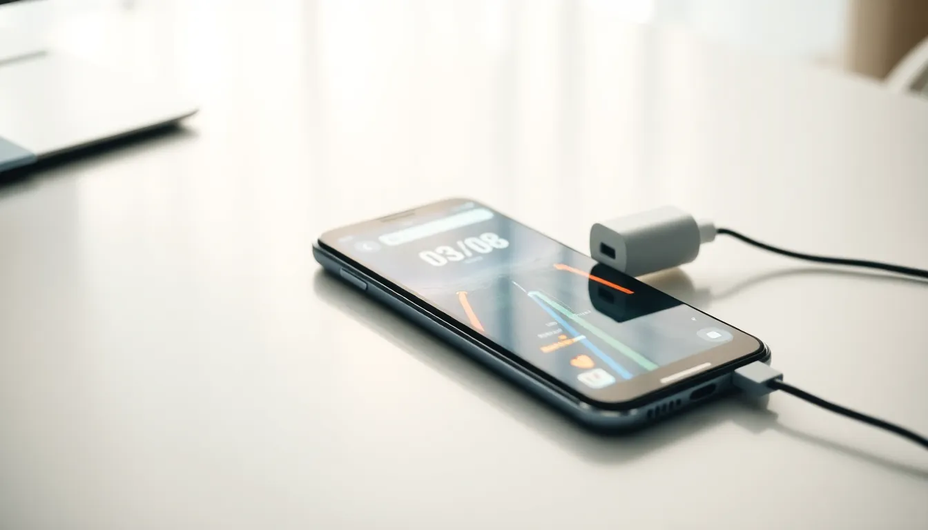 smartphone charging and gaming on a desk in a bright room