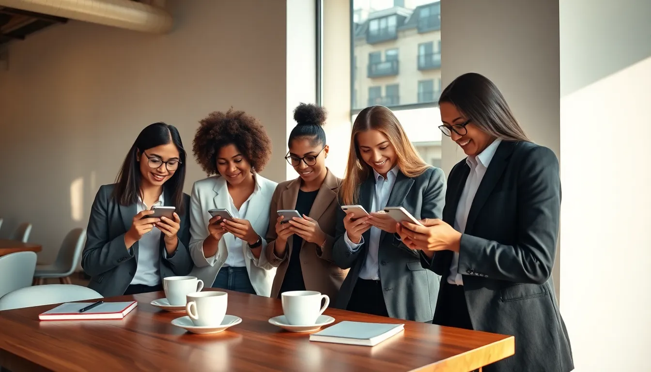 professionals using tiny phones in a modern café setting.